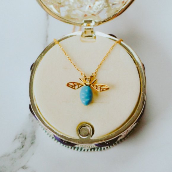 Gold Vermeil Necklace Natural Turquoise Stone Bee Animal Chain - Picture 2 of 6